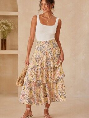 Floral Tiered Midi Skirt Large Boho Cottagecore Ruffle Spring Summer